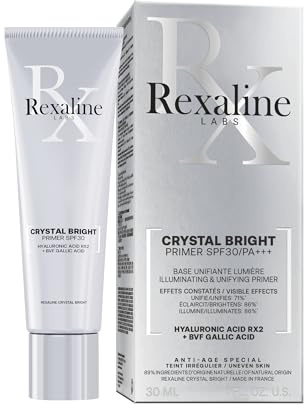 Rexaline Crystal Bright Primer SPF30 – Base Unifiante Anti-Taches & Éclat – Acide Hyaluronique RX2 & Acide Gallique – Fluide Correcteur Teint – Protection UV – 30ml
