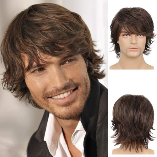 AIYLMZ Synthetische Perücken für Männer, kurz, braun, mit Pony, Toupet für Männer, natürliche, stilvolle, flauschige, geschichtete, gekräuselte Perücken, Herren-Haarteile (Braun B)