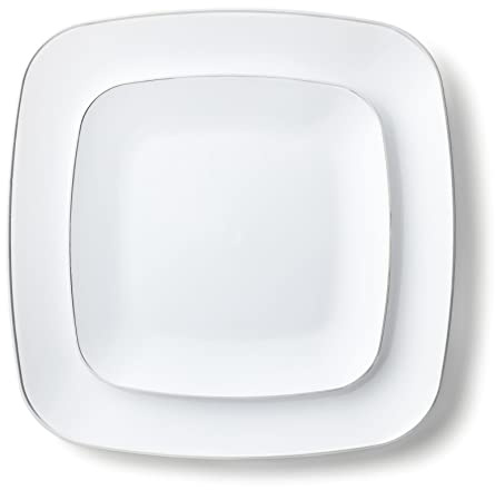 Decorline Premium Mehrweg Kunststoff Partygeschirr set - 32 Teile - Quadratische Teller Stabil & Wiederverwendbares Teller Set - 2 Größen (16x25cm & 16x18cm) - Weiss/Silber - Classic