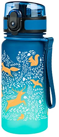Baagl Kinder Trinkflasche Wasserflasche 350ml Schule Sport Tritan - Wälder | Auslaufsicher Flasche für Jungen und Mädchen im Kindergarten hat einen Riemen zum Tragen und ein Sieb für Früchte oder Tee.
