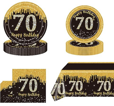POPOYU 53Pcs Black Gold 70th Birthday Party Tableware 16 Guests,70th Black Gold Party Paper Plates Tablecloth Paper Cups & Napkins Tableware Set Men Women Birthday Gifts Party Supplies Table Decor