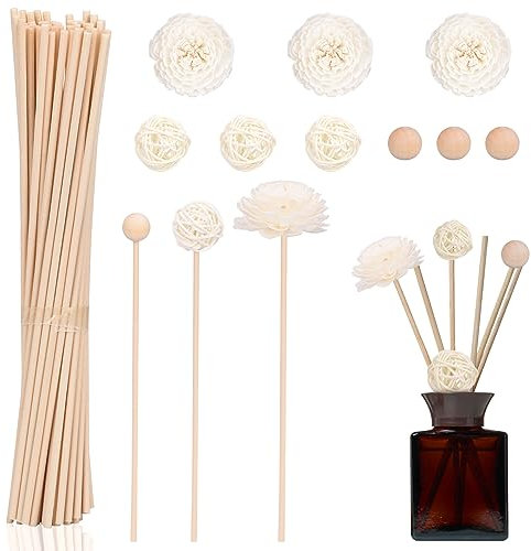 GiReich Bâtons de Diffuseur de Roseaux, 50 Pcs Batonnets Diffuseur Parfum, Batons Diffuseur d'Arôme avec Boules Fleurs pour Huile Essentielle Maison Bureau Hôtel Spa, 20 cm x 3 mm