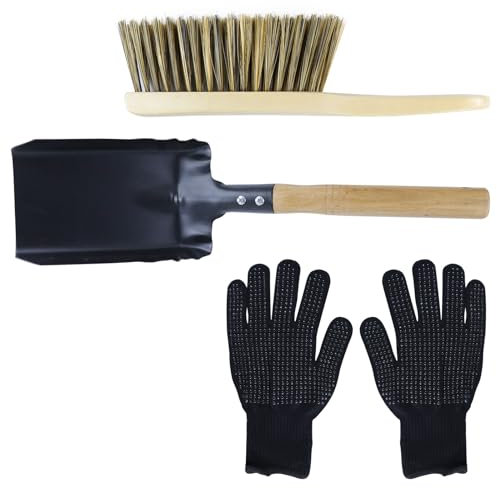 Kit Scopa Paletta Camino, in Acciaio, con Manico in legno, Spazzola per Forno a Legna, Scopa e Paletta Cenere Stufa, Attrezzi per Caminetto per Caminetto, Braciere e Stufa a Legna, Nero