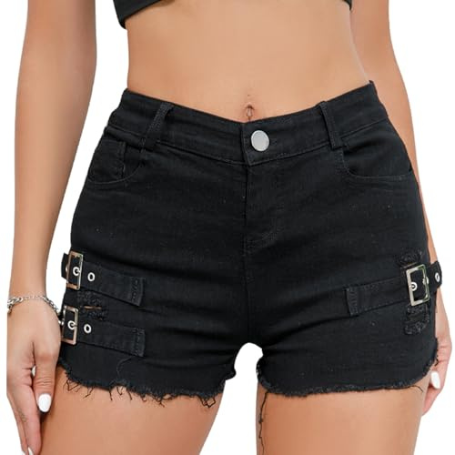 FEOYA Ripped Jeans Shorts for Women High Waist Sexy Denim Shorts Stretch Hot Pants Casual Club Party Raw Hem Denim Jean Shorts with Pockets