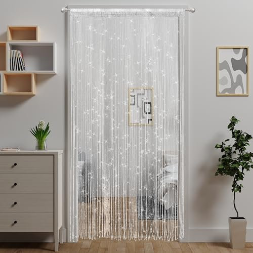 Atsweetlife Door String Curtain Doorway Beads Curtains,Hanging Room Divider Beaded Decor Hippie Glitter Fringe Panel Closet Window Doors Sequin Sheer Boho Doors Tassel (White)