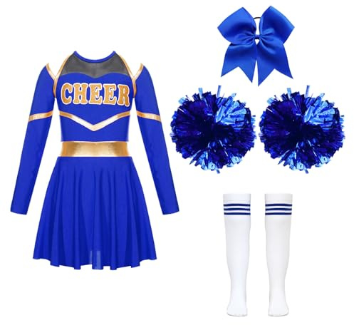 Aislor Enfants Filles Uniforme Costume Pom-Pom Girl avec Pompons Fête Robe Cheerleadering Carnaval Party Cosplay Outfit Cheer Bleu E 11-12 Ans