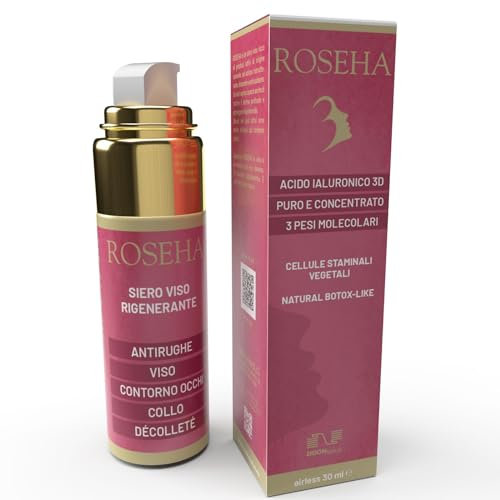 ROSEHA - Siero viso antirughe, contorno occhi, collo, décolleté - con acido ialuronico 3D, rosa canina, cellule staminali vegetali, peptidi attivi – illumina, rigenera, dona volume – 30 ml