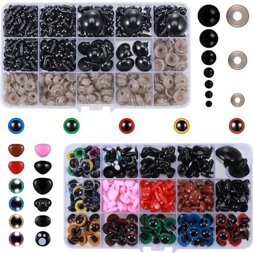 Huiguli 800 Stück Kunststoff Knopfaugen, 6-27mm Sicherheitsaugen und Sicherheitsnasen für Häkeltiere, Bunte Puppenaugen mit Unterlegscheiben, für Puppe Teddybär Spielzeuge DIY Basteln
