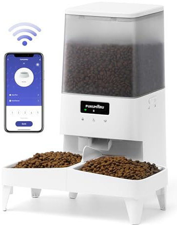 FUKUMARU Futterautomat Katze, 5L Katzen Futterautomat WiFi mit Doppelnapf, Automatischer Futterspender Katze mit Maßgeschneidert Zeitplan, Akkubetrieben & Kabelgebundene Elektrik, Weiß Groß