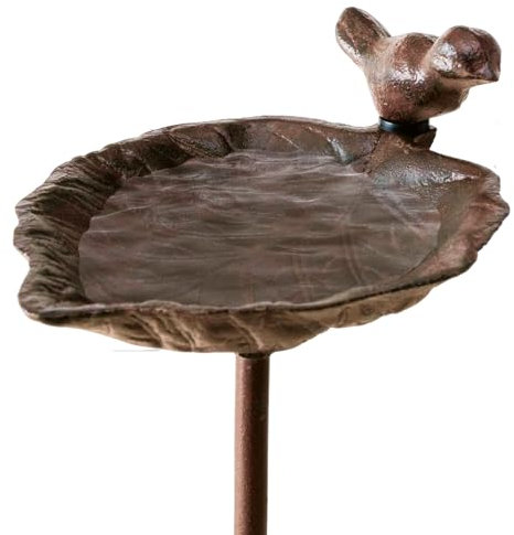 TOPANBIETER 999 Vogeltränke Vogelbad Wassertränke für Wildvögel mit Erdspieß aus Gusseisen Wasserstelle Futterstelle witterungsbeständig und frostsicher (Blatt Braun)
