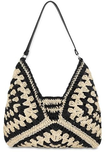 Macayda Strohtasche Damen Geflochtene Tasche, Sommer Korbtaschen Damen Mittelgroß Basttasche Boho Stroh Woven Bag Flechttasche für Strand Reisen Urlaub (Schwarz)