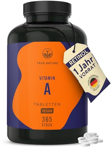Vitamin A – Retinol hochdosiert (10.000 I.E.) – 365 Tabletten (3.000 µg) – Vit A Kapseln Alternative – Direkt verwertbare Form – Vegan, ohne Zusätze, deutsche Produktion – TRUE NATURE®