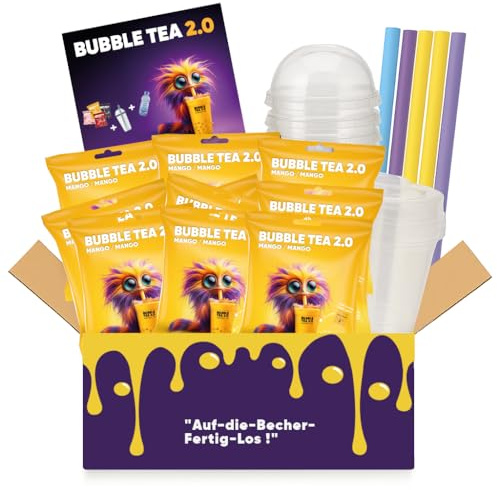 Bubble Tea 2.0 Party Set, Mango, 10x Instant Bubble Tea | inkl. Becher, inkl. Deckel, inkl. Strohhalme, Perfekt für jede Feier