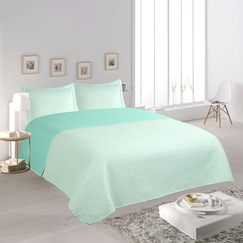 H HANSEL HOME Colcha Bouti Estampada Cama 140/150/160, 100% Microfibra Extra Suave, Bicolor Reversible, Cubrecama Fina, para Verano y Entretiempo, Incluye 2 Funda de Cojín - Verde Agua Liso 250x260