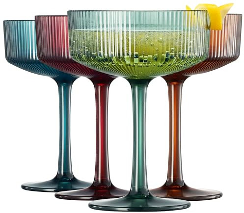 Khen Shatterproof Acrylic Ribbed Vintage Art Deco Martini, Champagne & Cocktail Muted Color Plastic Tritan Coupe Glasses | Set of 4 | 8 oz Ripple Glassware Classic Cocktail Indoor & Outdoor, European