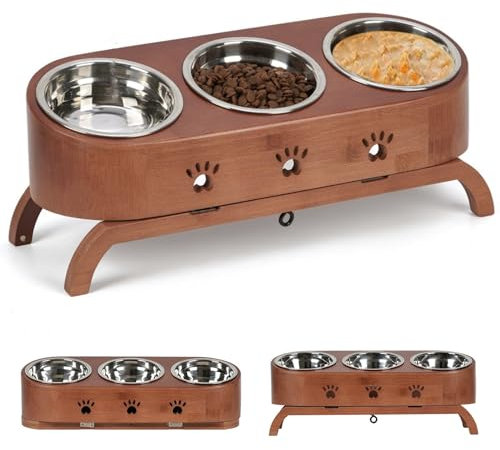 JAZUIHA Katzennapf Erhöht 3er Set, Ergonomischer Fressnapf 15° Neigung, Höhenverstellbar mit Holzständer, Edelstahl-Näpfe Ø12cm für Katzen & Welpen