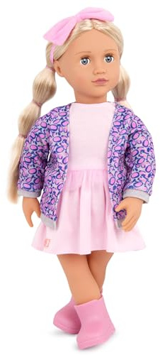 Our Generation – 46 cm Puppe – Lebensechte graue Augen & Blonde Haare – Strickjacke mit Leopardenmuster & rosa Kleid – Rollenspiel – Spielzeug für Kinder ab 3 Jahren – Joana