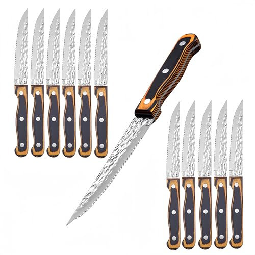 SanheKit Ensemble de 8/12 Couteaux à Steak, Lame en Acier Inoxydable Haute Teneur en Carbone, Manche en Bois, Design Pleine Soie, Lame Martelée(12)