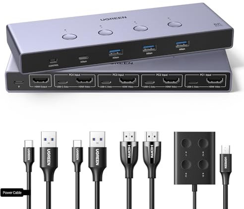 UGREEN Switch KVM HDMI 2.1 4 in 1 out 8K@60Hz USB 3.0, Switch USB 3.0 a 4 Porte per la Condivisione di 2 PC, 1 Monitor, Tastiera, Mouse, Stampante e Disco Rigido