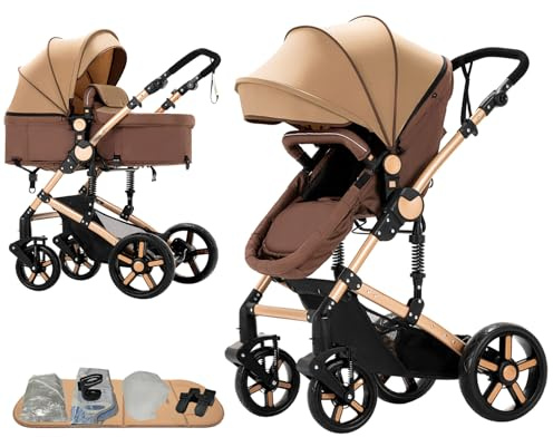 Veitoalioy 2 in 1 Baby Stroller, One Click Folding Convertible Newborn Infant parm, Reclining Buggy That can be Pushed Forward and Backward, New Born Pushchair 0-36 Month (2US588-KHAKI)