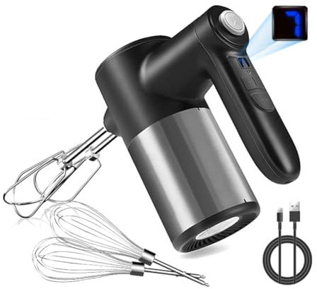 Asyduey Batidora de Mano Inalámbrica, Pantalla Digital, Eléctrica Recargable de 7 Velocidades con 4 Accesorios de Acero Inoxidable, para Hornear y Huevos