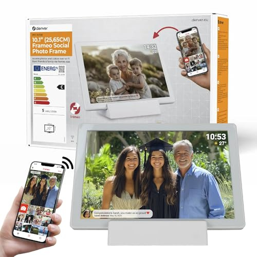 Denver PFF-1070B | 10.1 Zoll Digitaler Wi-Fi Bilderrahmen mit Akku | HD IPS Touchscreen | FRAMEO App & 16GB Speicher | Weiß
