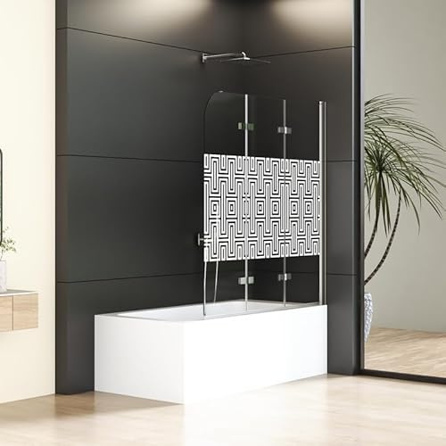 Goezes Duschwand für Badewanne 120x140cm 3-teilig faltbar Badewannenaufsatz, Glas Duschtrennwand Duschabtrennung mit 6mm ESG Sicherheitsglas, 120cm Badewannenwand mit Labyrinth-Muster