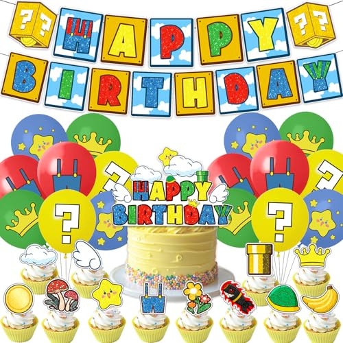 30Pcs Kids Birthday Party Kit, Cupcakes, Baby Shower Decorations, Boys and Girls Party Supplies, Birthday Party Kit Includes Happy Birthday Banner Balloons Cake Toppers