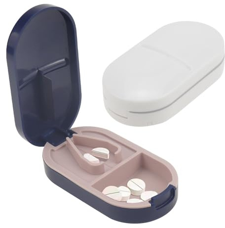 2 Stück Tablettenteiler für Kleine Tabletten und Große Pillen Tablettenschneider Pillenteiler Tabletten Teiler Medikamententeiler Exakt mit Aufbewahrungsfach Teilt Pillen Exakt (Blau + Weiß)