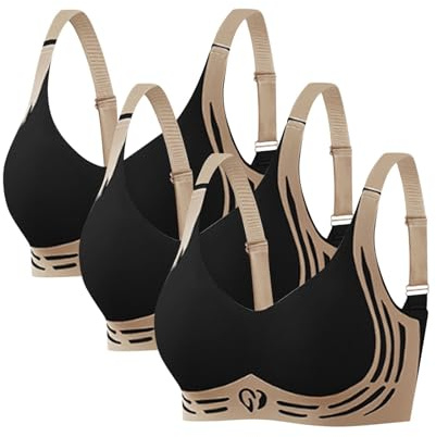 Super Gather Bra Wireless Push-Up Bra 3 Pack Lifting Anti-Sagging Bra for Older Women Comfortable Full Coverage Ladies V Neck Padded Non Wired Seamless T Shirt Sports Bralettes