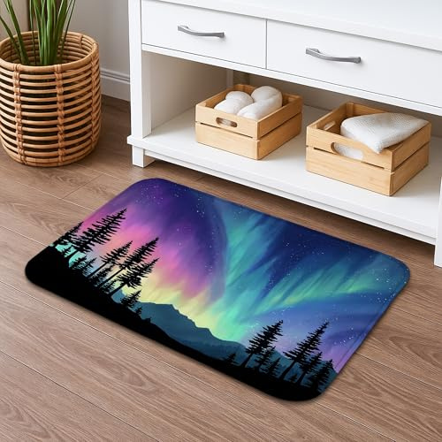 Aurora Borealis inspirierte Badematte, lebendige Nordlichter, Berglandschaft, rutschfester Badezimmerteppich, dekorativer Memory-Schaum, waschbare Matte für Heimdekoration, 50,8 x 81,3 cm