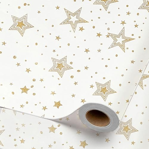 Rouleau de papier cadeau rose et noir avec étoiles flottantes avec étoile dorée - Papier cadeau pour Noël, mariage, Saint-Valentin, anniversaire, fête des mères - 43 cm x 10 m (blanc jaune)