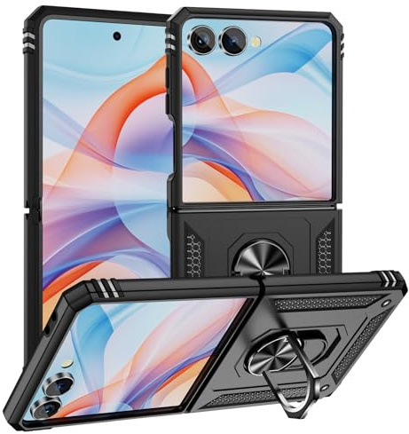 yanzi Compatible with SamSung Galaxy Z Flip 7 Phone Case(2025)+3D Tempered Glass[Military-Shockproof]-[Kickstand] Bumper TPU Silicone Protection Smartphone Cover for Galaxy Z Flip 7-Black