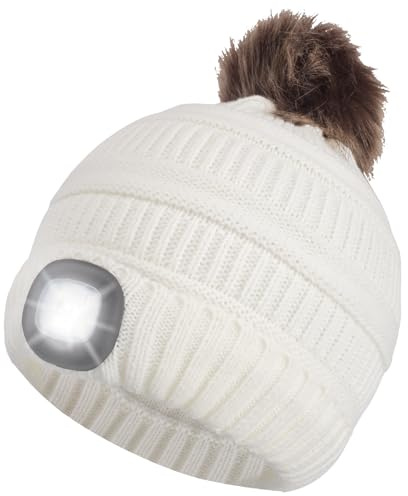 Shedoo Mütze mit LED Licht Kinder, USB Wiederaufladbare Beanie Strickmütze mit 4 LED Licht, Wärmer Beleuchtete Wintermütze mit Taschenlampe, Mädchen Stirnlampe Mütze für Nachtlauf, Camping, Radfahren