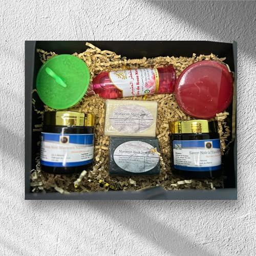 Coffret Hammam Premium, Kit de Soins Naturels avec Savons Noirs, Savon eucalyptus, Eau de Rose, Savon Argan, Savon Nigelle, Kessa, Brosse cheveux, Rouge à Lèvres Traditionnel Marocain Aker El Fassi