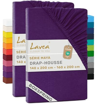 Lavea® Lot de 2 Draps-Housses 140 x 190/200 cm – pour Matelas Épais Jusqu’à 35 cm, pour Lits boxspring & à Eau, 100% Coton, avec élastique, Haute qualité, Violet Foncé