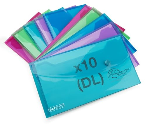 Rapesco 1844 ECO Kuvertmapp, Återvunnen Plast, DL, Blandade Transparenta Klara Färger, Förpackning med 10