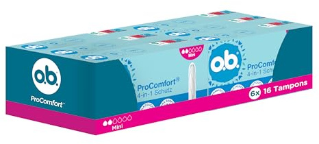 o.b. ProComfort mini tamponi di protezione 4 in 1 (6 x 16 pezzi) con punta extra delicata per un facile inserimento e protezione fino al 100% contro le perdite, ideali per lo sport e la vita