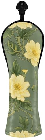 Copritesta per mazze da golf, vintage, fiori gialli, verdi, con etichette numeriche, per driver ibridi in legno, donne e uomini, in pelle PU