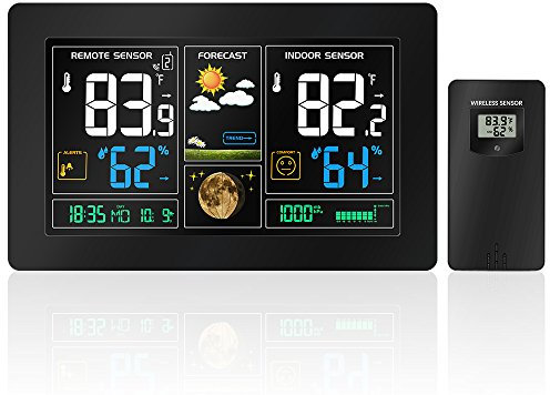 Protmex Wireless Forecast Station, PT3378 Digital Color Forecast Weather Station with Alert and Temperature/Humidity/Barometer/Alarm/Moon phase/Atomic Clock and USB Charging with Outdoor Sensor Black