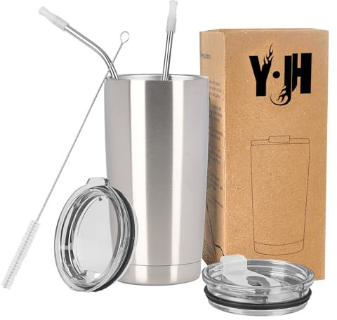 Y·J&H 20oz (550ml) Doppelwandig Vakuum Isolierter Autobecher, Edelstahl Reiseflasche, Thermobecher Kaffee to Go mit 2 Spritzfestem Deckel 2 Strohhalm, Rohrbürste,BPA Free - Silber