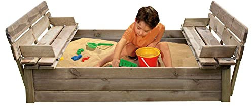 AVANTI TRENDSTORE - Sand - Sandkasten aus Holz mit Klappverschluss, mit 2 integrierten Bänken, klappbar aus Massivholz, Maße: LP 120x120 cm