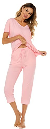 Ietaoo Pigiama Donna,Completo Sportivo Donna Tute da Ginnastica Estiva Cotone 2 Pezzi Homewear Manica Corta T Shirt+ 3/4 Pantaloni Tute Sportiva Casa Pigiama Set Rosa S