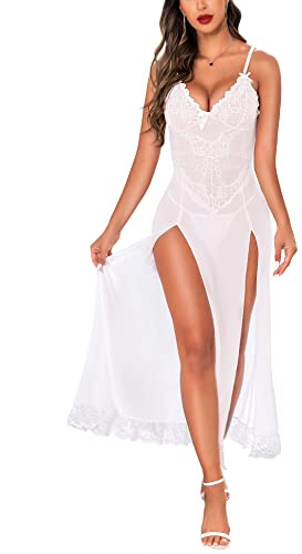 RSLOVE Mujeres Sexy Lencería Encaje Babydoll Malla Larga Chemise Ropa de Dormir Blanco Medium