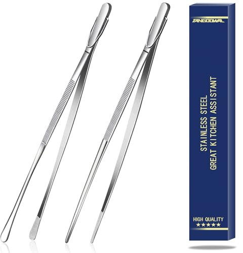 Tangoowal 2 Pieces 12 Inch Fine Long Tweezers for Cooking, Stainless Steel Kitchen and Cooking Tweezers