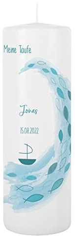 Striefchen® Taufkerze, 25 cm Höhe, verschiedene Motive, mit Ihren Wunschdaten personalisiert Welle, Schiff und Fische