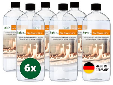 BioFair Bioethanol 100% | 6 x 1L Flasche | Für Ethanolkamin, Bioethanolkamin, Gartenfackel | Innen & Außen | Geruchs- & Rußfrei | Hochreines Bio Ethanol