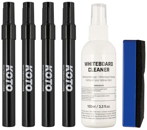 KOTO - Whiteboard Marker Set, Inkl. Eraser & Cleaner Spray, 4 Stück Schwarz | 4 Whiteboardmarker mit Kugelspitze, Inklusive Eraser und Cleaner Spray für Rückstandsfreie Reinigung