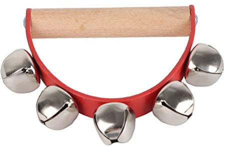 Set of Red and Gold Christmas Sleigh Bells with Wooden Handle - Kids Handheld Jingle Bells for Holiday Decorations, Christmas Party Supplies and Festive Events