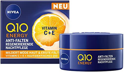 NIVEA Q10 Energy Anti-Falten Nachtpflege, feuchtigkeitsspendende Nachtcreme mit Q10,Vitamin E und C, Gesichtspflege mildert Fältchen und strafft die Haut, Q10 Energy Regenerierende Nachtpflege (50 ml)